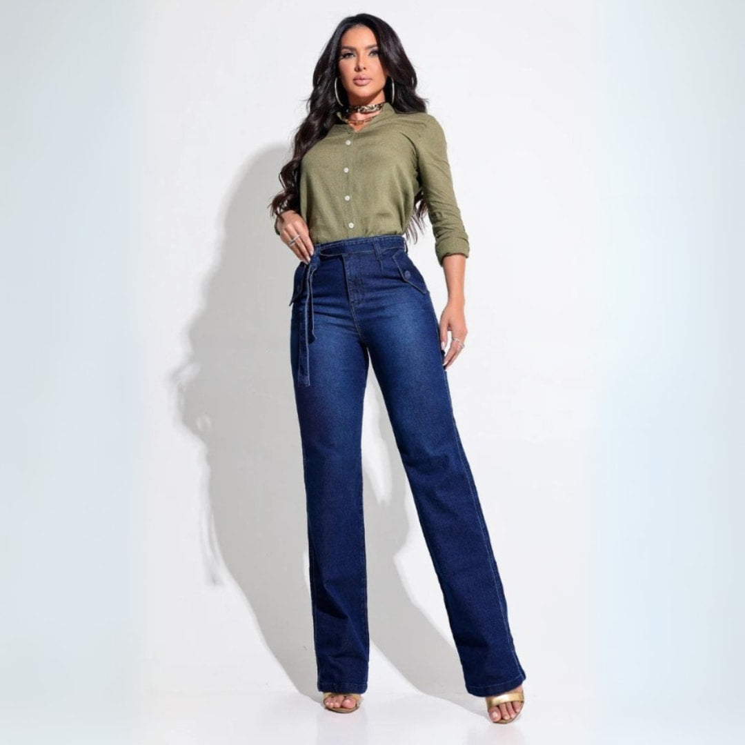 Calça Jeans Wide Leg Modeladora com Cinto - BE99