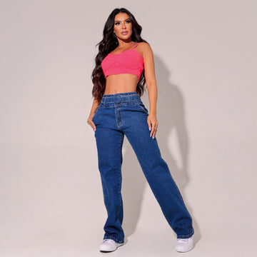 Calça feminina jeans reta escura cintura alta Docebe