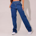 Calça feminina jeans reta escura elegante Docebe
