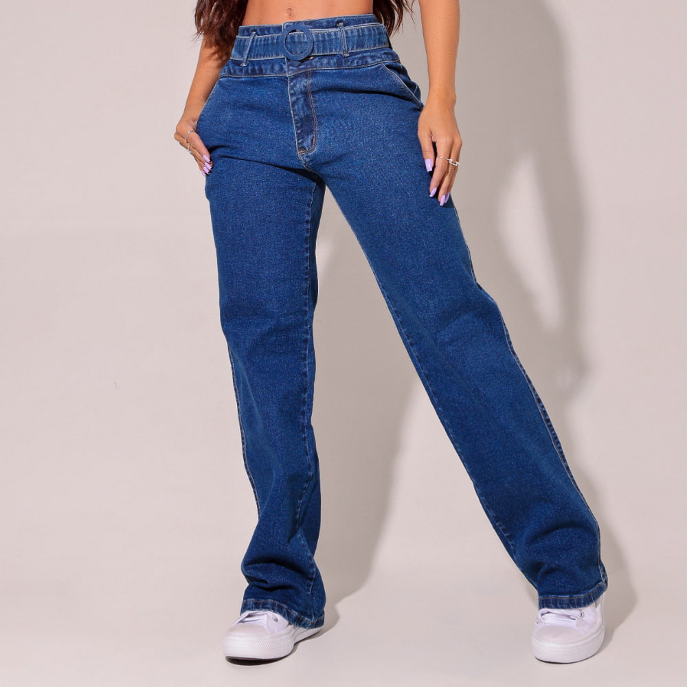 Calça feminina jeans reta escura elegante Docebe