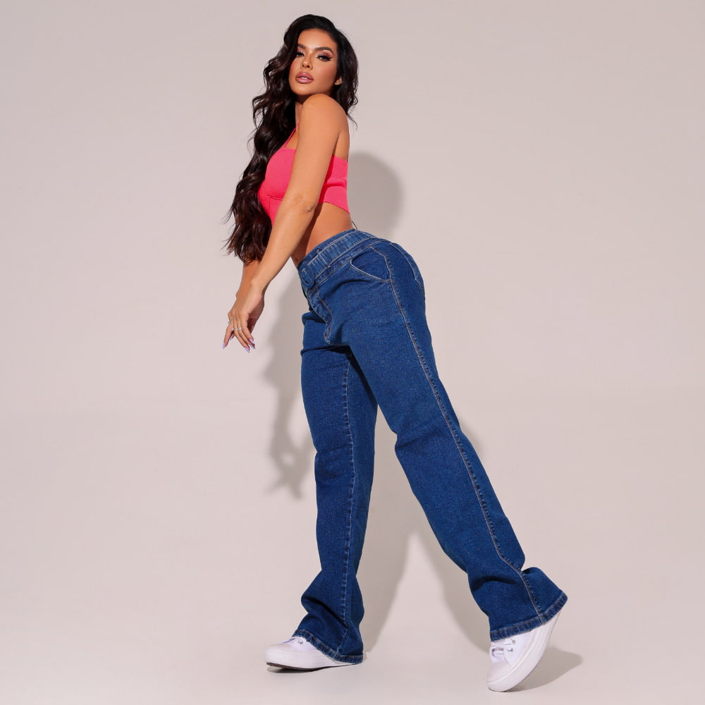 Calça feminina jeans reta escura versátil Docebe