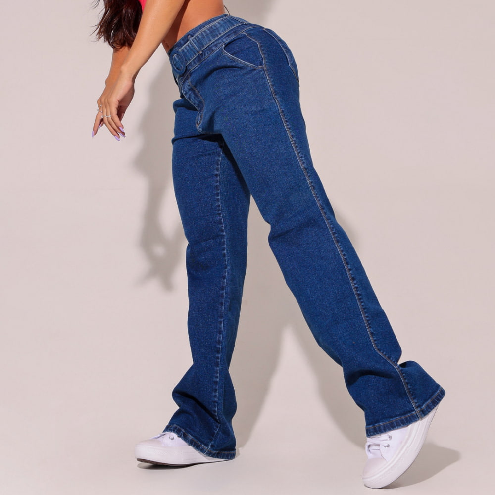 Calça feminina jeans reta escura moderna Docebe