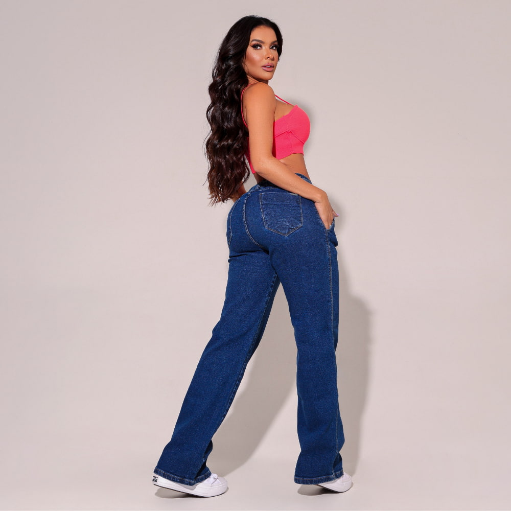 Calça feminina jeans reta escura fashion Docebe