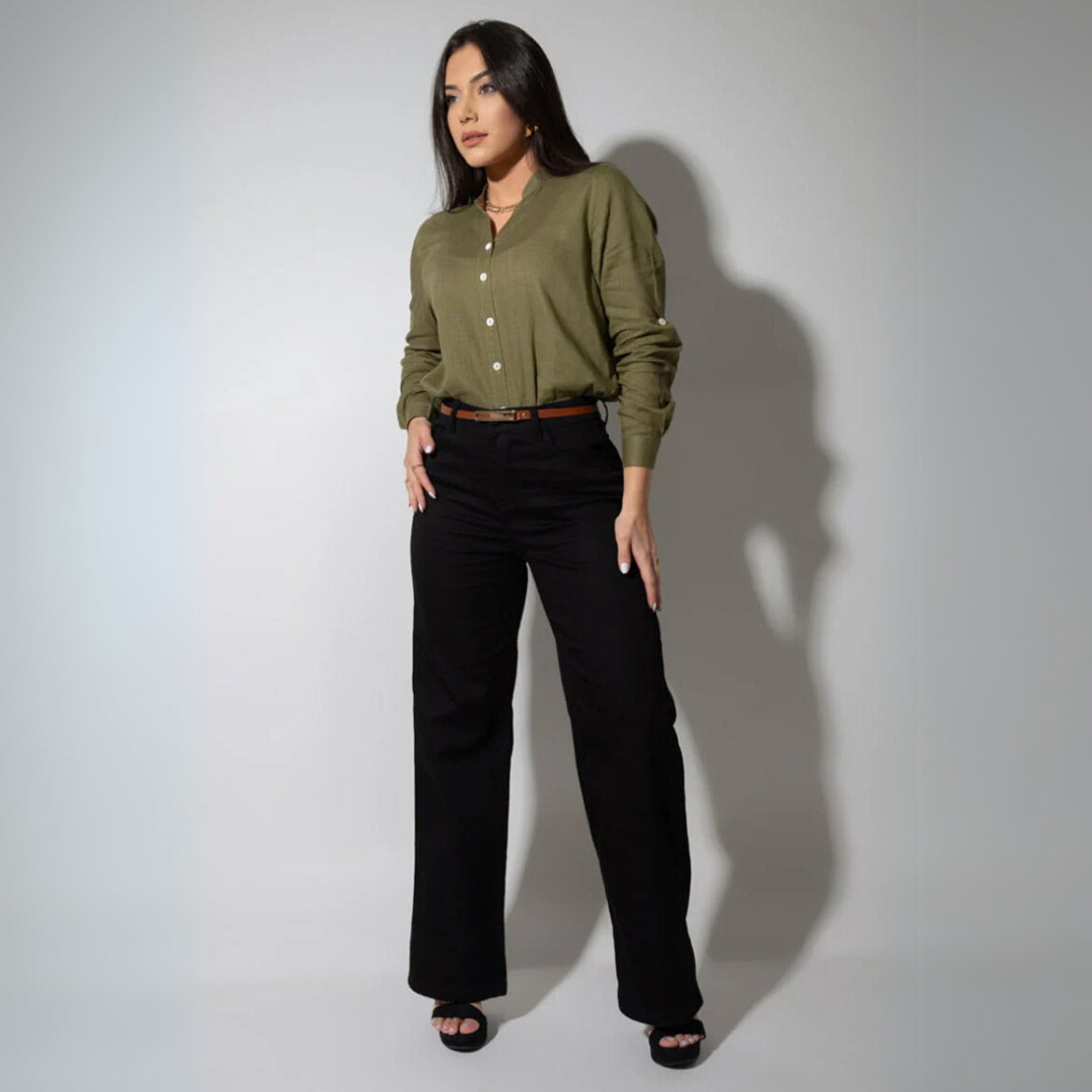 Calça Modeladora Wide Leg Preta Que Não Desbota com Cinto - BE113