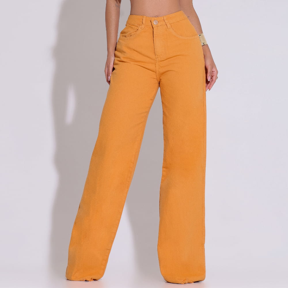 Calça Wide Leg Sarja Mostarda 100% Algodão Cintura Alta - BE40159