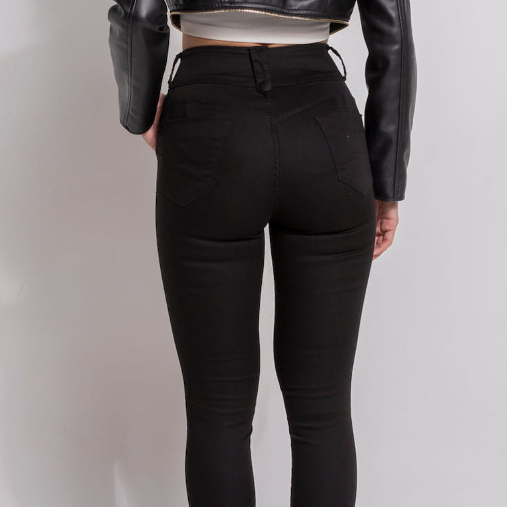 Calça Preta Skinny Feminina com Cós Duplo e Botões Docebe