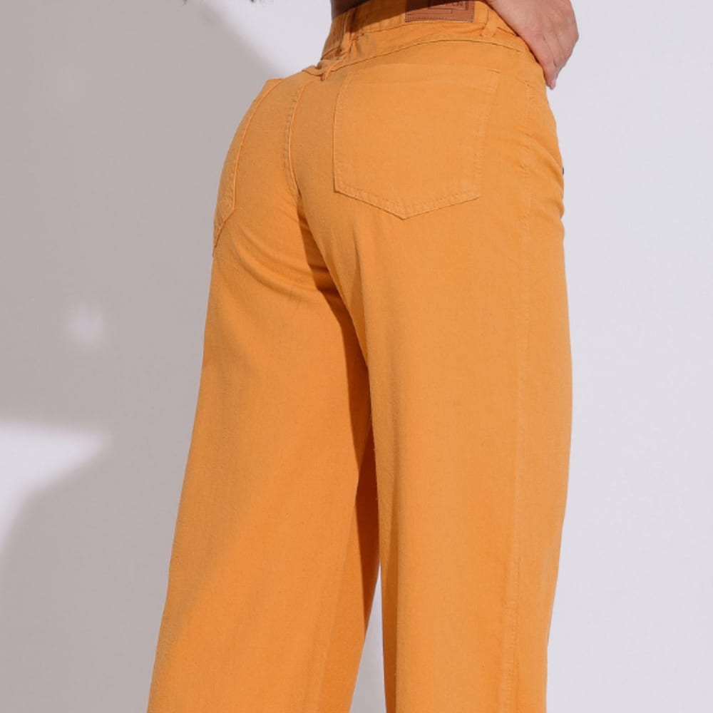 Calça Wide Leg Sarja Mostarda 100% Algodão Cintura Alta - BE40159