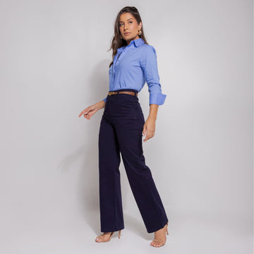 Calça Jeans Wide Leg Azul Com Cinto - BE105