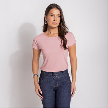 Camiseta Feminina Básica Rosa com Gola Canoa - BE305