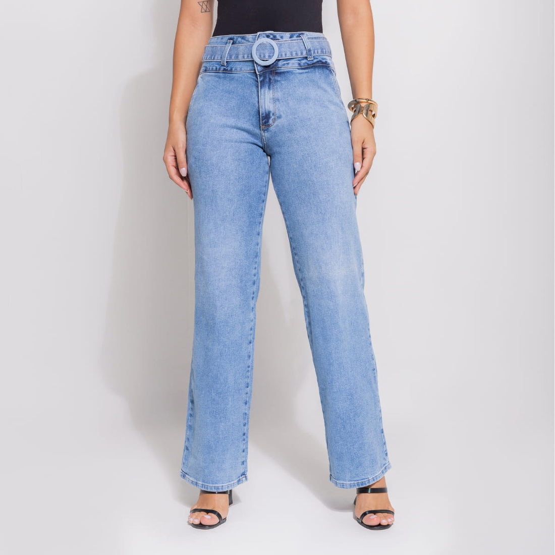 Calça Jeans Modeladora Wide Leg com Cinto 100% Algodão - BE3093