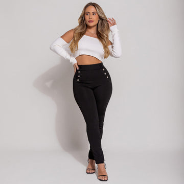 Calça Modeladora Skinny com Botões Decorativos Preta - BE608
