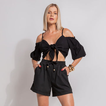 Short Alfaiataria de Linho Preto com Cordão - BE652