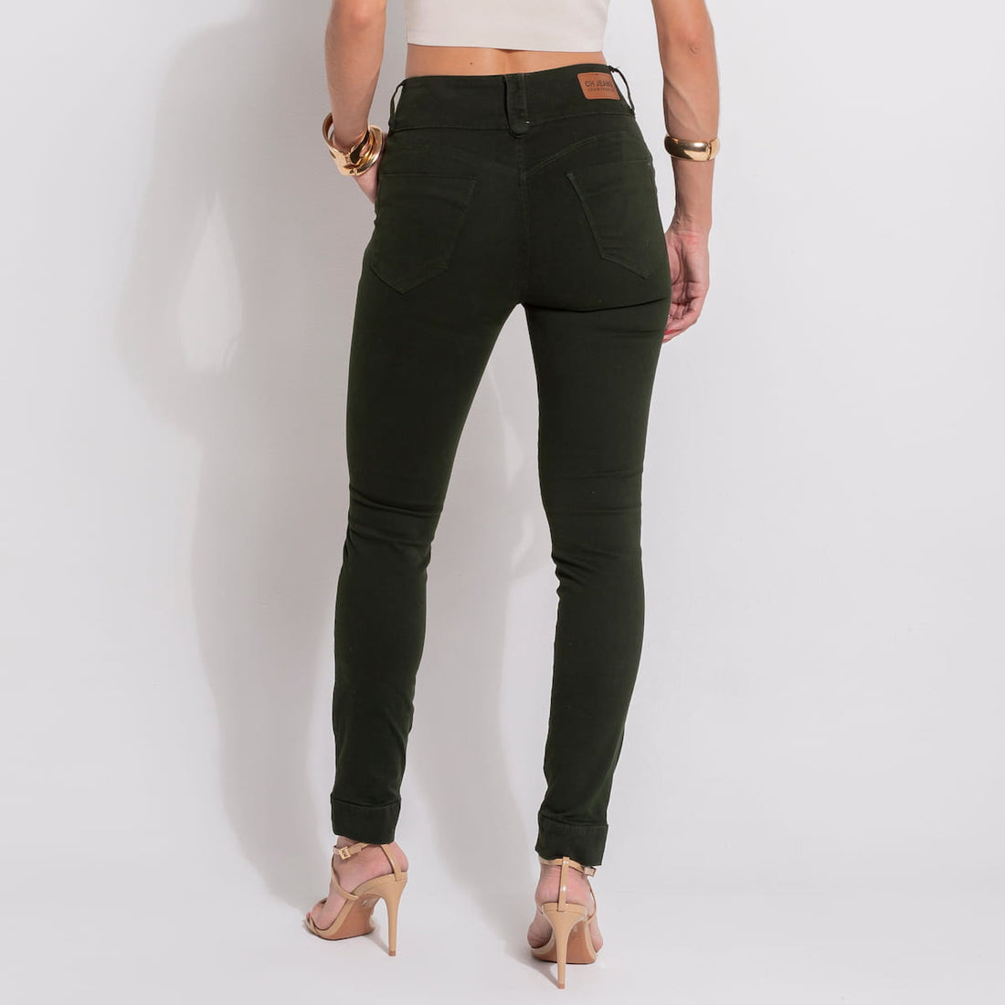 Calça Jeans Feminina Verde Detalhe Barra - BE942